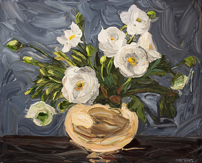 Ranunculus in Gold Vase by Jodie Wells | Lethbridge Gallery